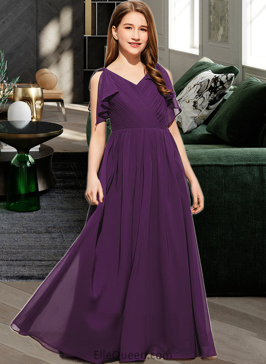 Sophronia A-Line V-neck Floor-Length Chiffon Junior Bridesmaid Dress With Bow(s) Cascading Ruffles DGP0013639