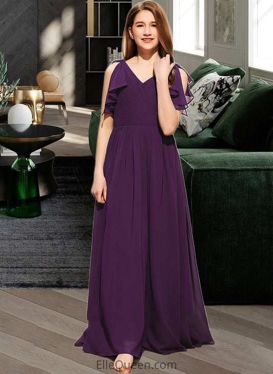 Sophronia A-Line V-neck Floor-Length Chiffon Junior Bridesmaid Dress With Bow(s) Cascading Ruffles DGP0013639