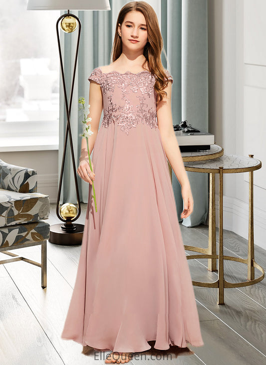 Janey A-Line Off-the-Shoulder Floor-Length Chiffon Lace Junior Bridesmaid Dress DGP0013640