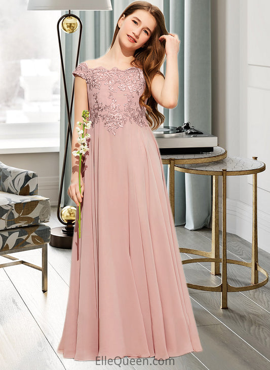 Janey A-Line Off-the-Shoulder Floor-Length Chiffon Lace Junior Bridesmaid Dress DGP0013640