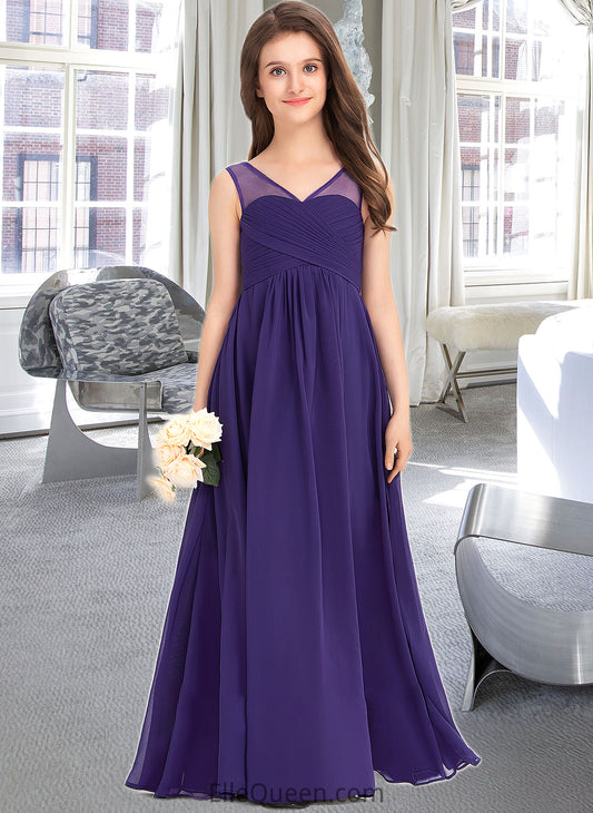 Tiara A-Line V-neck Floor-Length Chiffon Junior Bridesmaid Dress With Ruffle DGP0013642