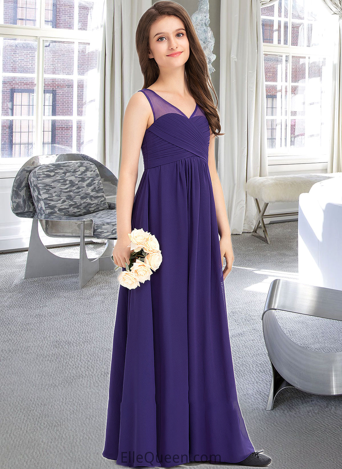 Tiara A-Line V-neck Floor-Length Chiffon Junior Bridesmaid Dress With Ruffle DGP0013642