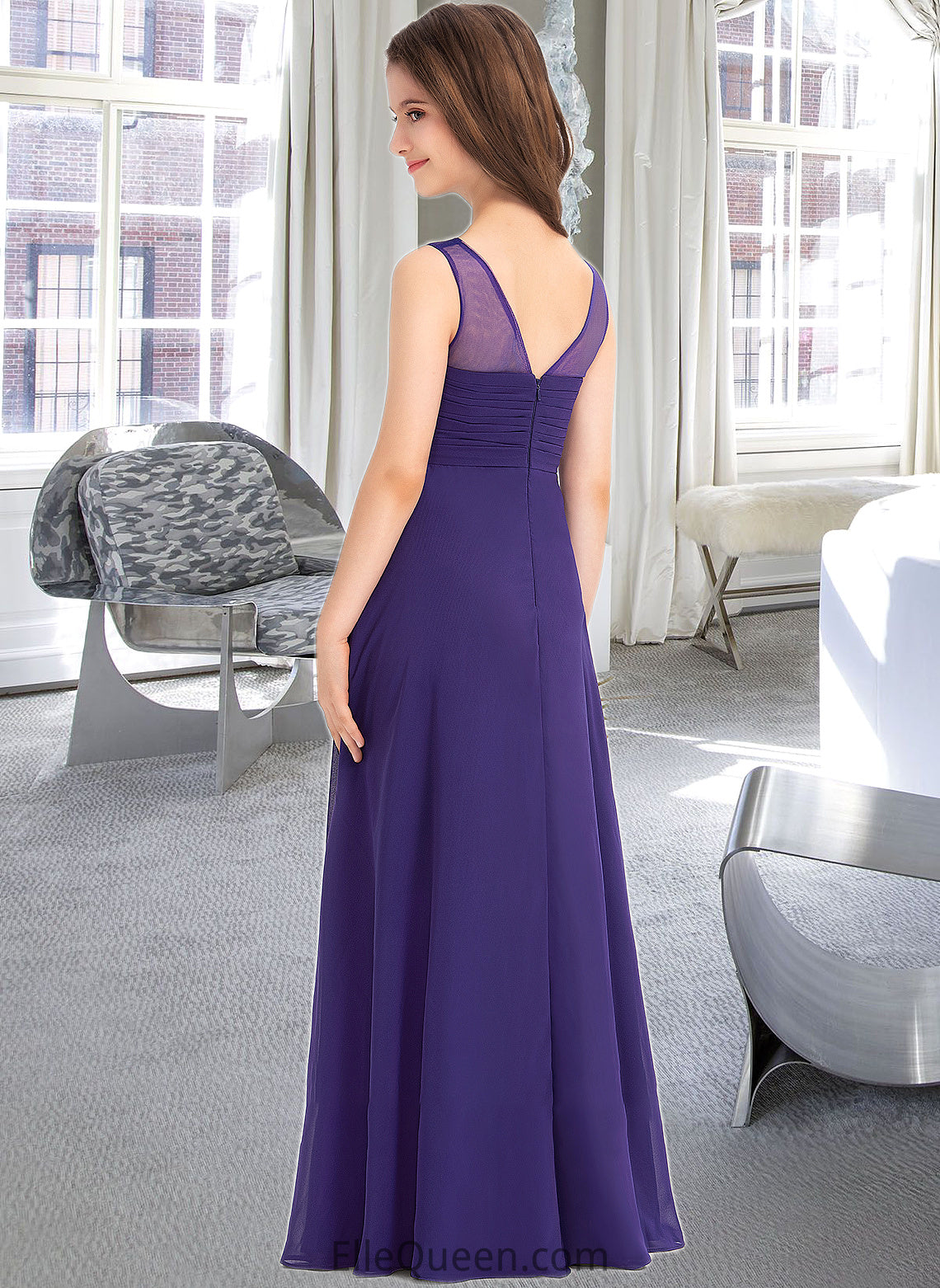 Tiara A-Line V-neck Floor-Length Chiffon Junior Bridesmaid Dress With Ruffle DGP0013642