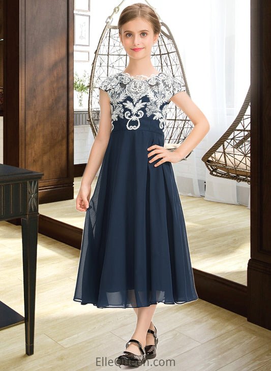 Samantha A-Line Scoop Neck Tea-Length Chiffon Lace Junior Bridesmaid Dress DGP0013643