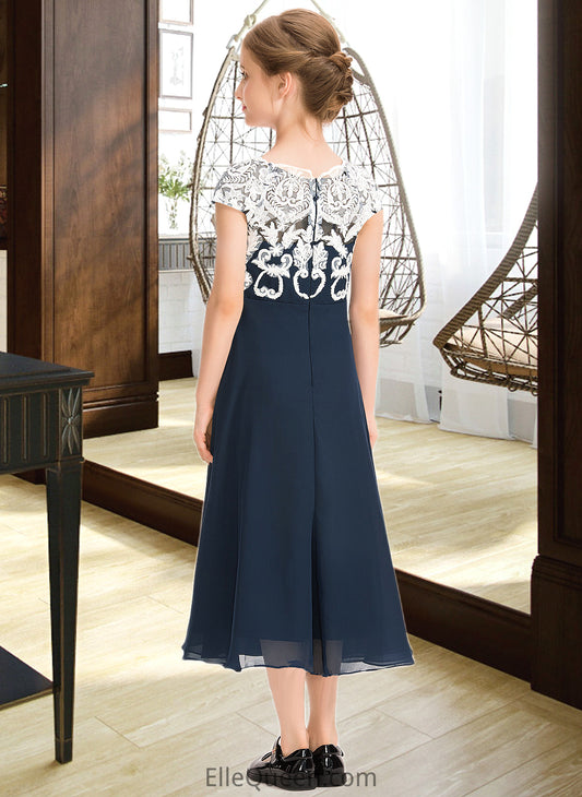 Samantha A-Line Scoop Neck Tea-Length Chiffon Lace Junior Bridesmaid Dress DGP0013643