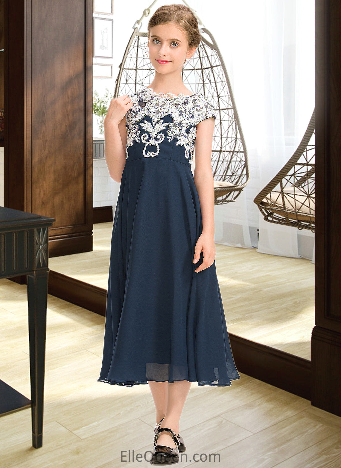 Samantha A-Line Scoop Neck Tea-Length Chiffon Lace Junior Bridesmaid Dress DGP0013643