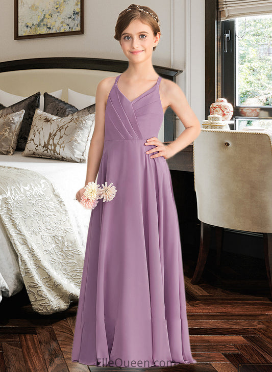 Malia A-Line V-neck Floor-Length Chiffon Junior Bridesmaid Dress With Cascading Ruffles DGP0013644