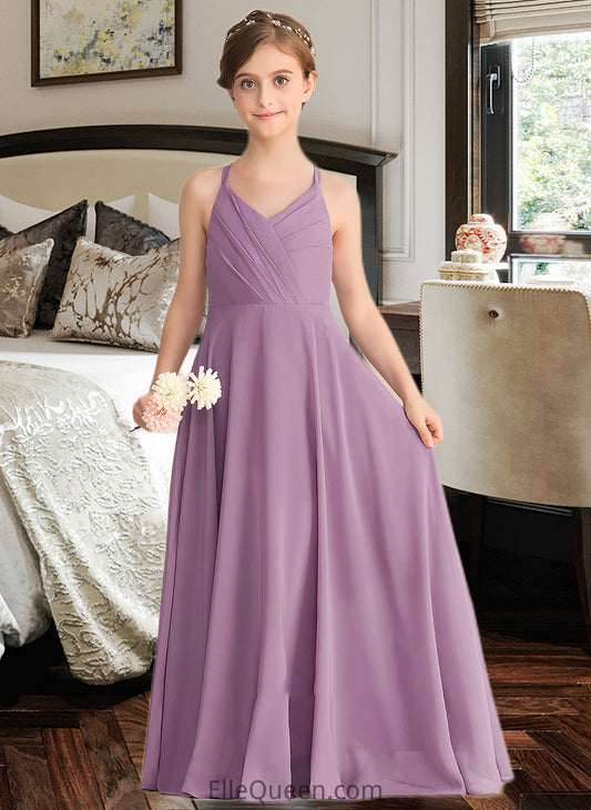 Malia A-Line V-neck Floor-Length Chiffon Junior Bridesmaid Dress With Cascading Ruffles DGP0013644