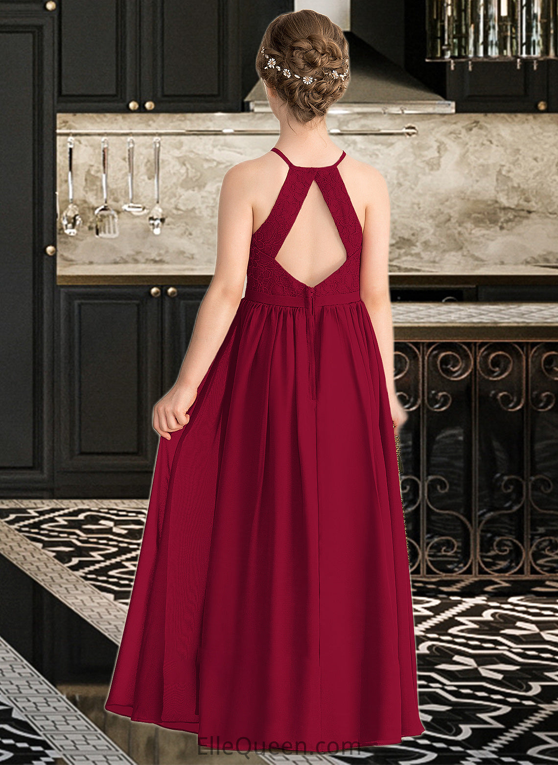 Aspen A-Line Scoop Neck Floor-Length Chiffon Lace Junior Bridesmaid Dress With Split Front DGP0013645