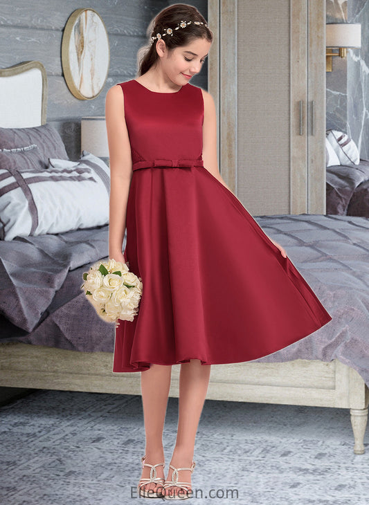 Avery A-Line Scoop Neck Knee-Length Satin Junior Bridesmaid Dress With Lace Bow(s) DGP0013646