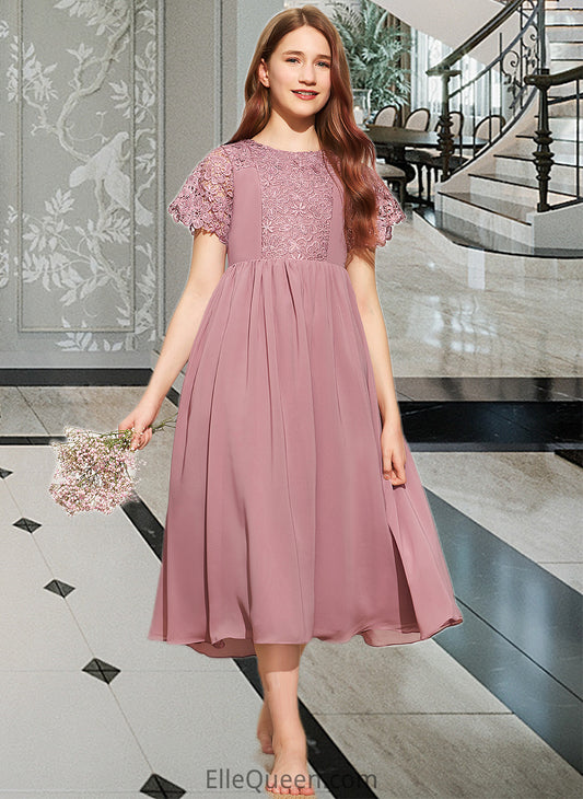 Ariella A-Line Scoop Neck Tea-Length Chiffon Lace Junior Bridesmaid Dress DGP0013648