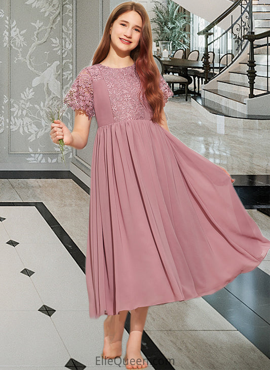 Ariella A-Line Scoop Neck Tea-Length Chiffon Lace Junior Bridesmaid Dress DGP0013648