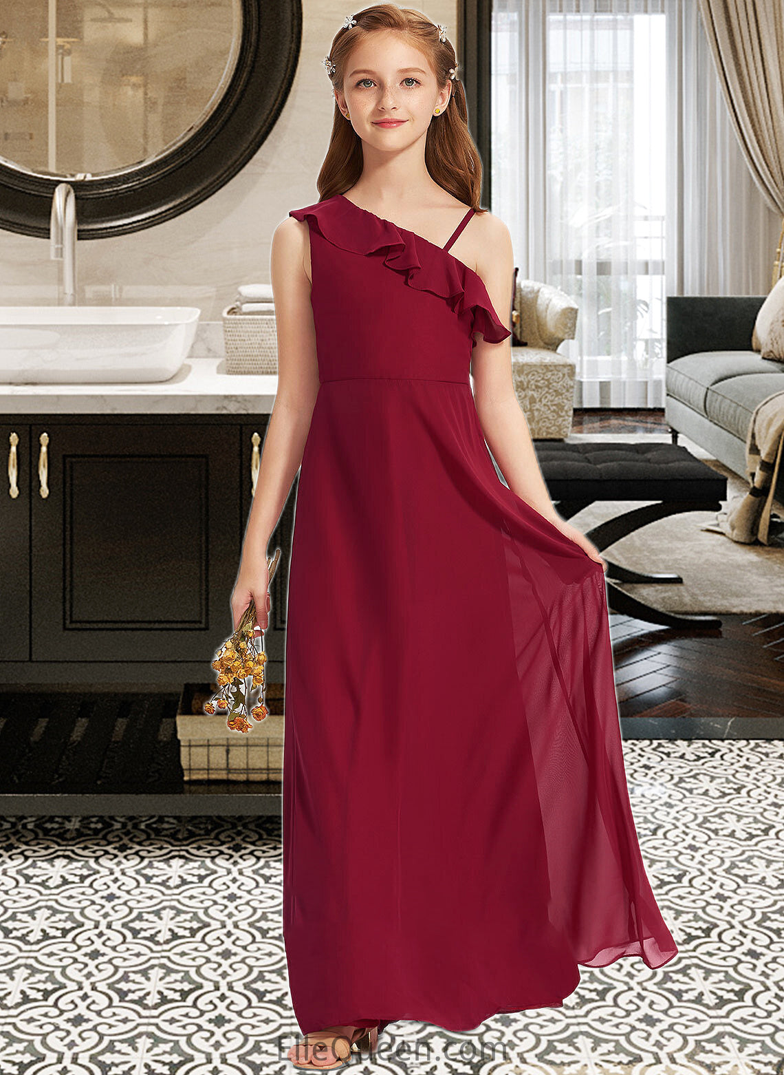 Shannon A-Line One-Shoulder Floor-Length Chiffon Junior Bridesmaid Dress With Ruffles DGP0013650