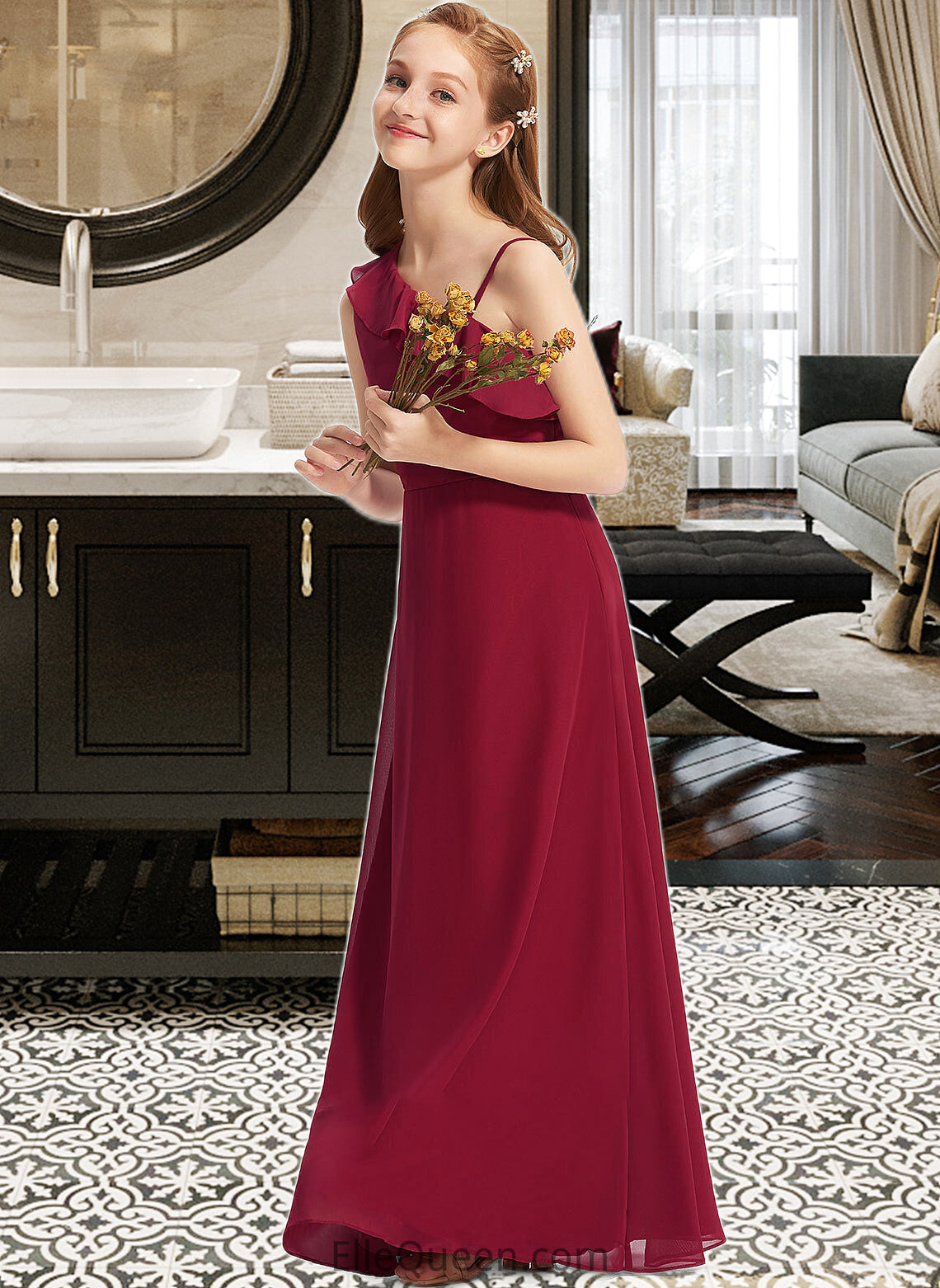 Shannon A-Line One-Shoulder Floor-Length Chiffon Junior Bridesmaid Dress With Ruffles DGP0013650