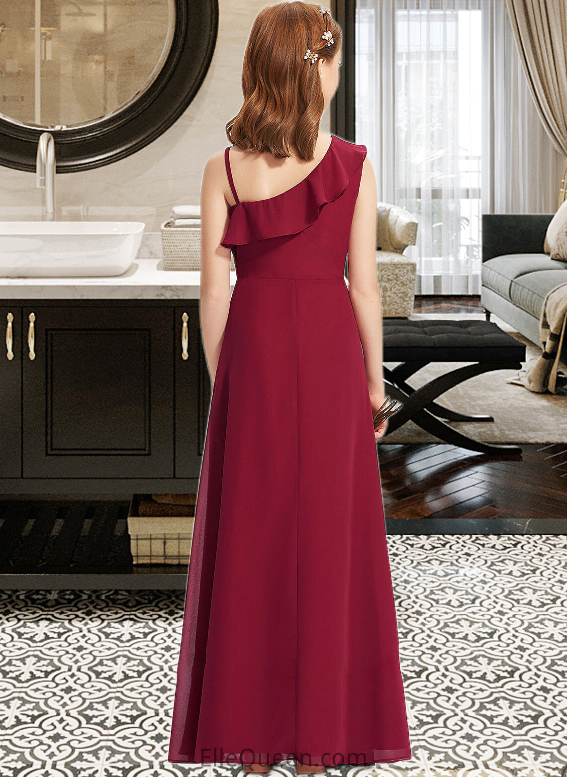 Shannon A-Line One-Shoulder Floor-Length Chiffon Junior Bridesmaid Dress With Ruffles DGP0013650