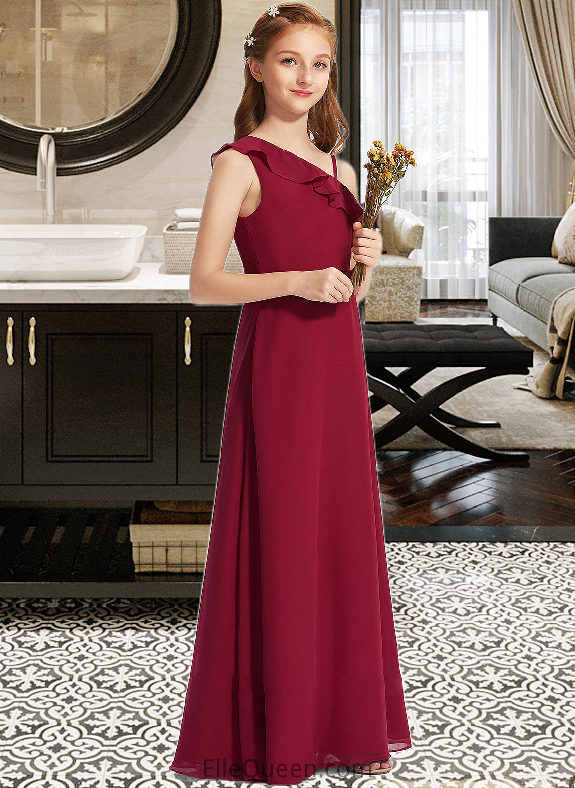 Shannon A-Line One-Shoulder Floor-Length Chiffon Junior Bridesmaid Dress With Ruffles DGP0013650