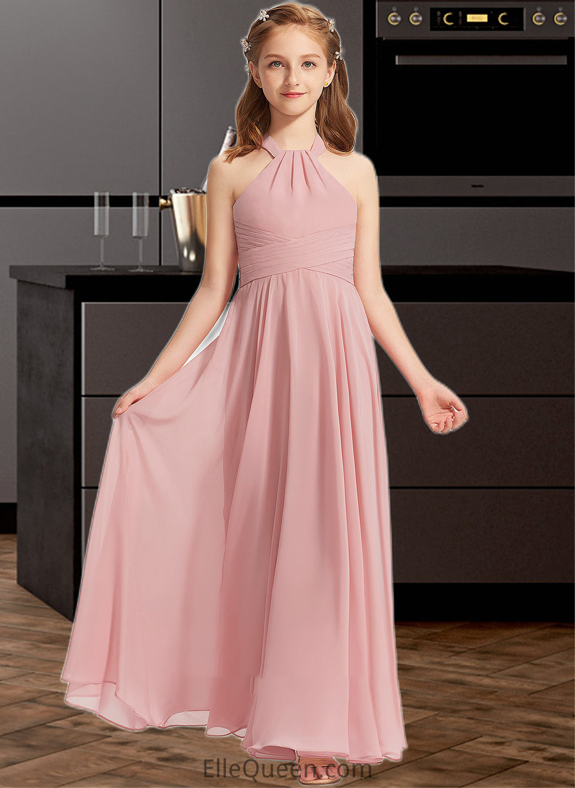 Mikaela A-Line Square Neckline Floor-Length Chiffon Junior Bridesmaid Dress With Ruffle DGP0013651