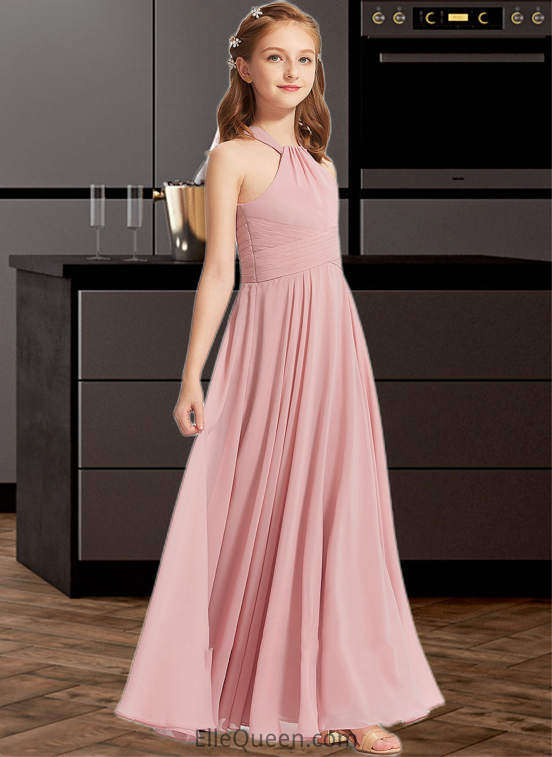 Mikaela A-Line Square Neckline Floor-Length Chiffon Junior Bridesmaid Dress With Ruffle DGP0013651