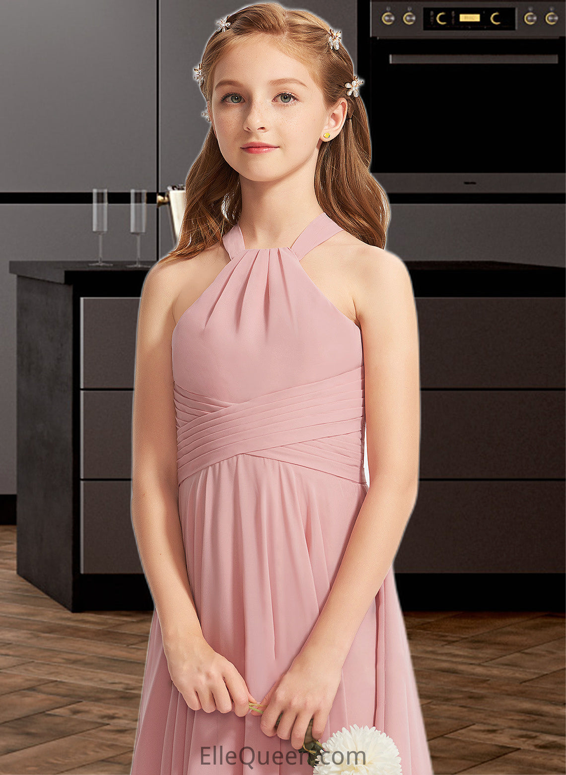 Mikaela A-Line Square Neckline Floor-Length Chiffon Junior Bridesmaid Dress With Ruffle DGP0013651