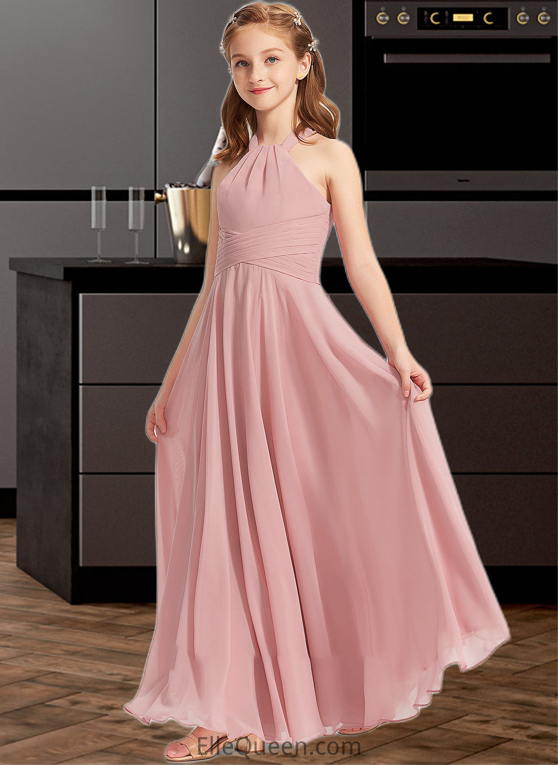 Mikaela A-Line Square Neckline Floor-Length Chiffon Junior Bridesmaid Dress With Ruffle DGP0013651