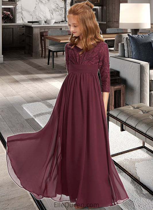 Cheyanne A-Line V-neck Floor-Length Chiffon Lace Junior Bridesmaid Dress DGP0013652