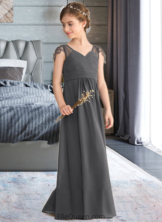 Kaitlynn A-Line V-neck Floor-Length Chiffon Junior Bridesmaid Dress With Ruffle Beading DGP0013653