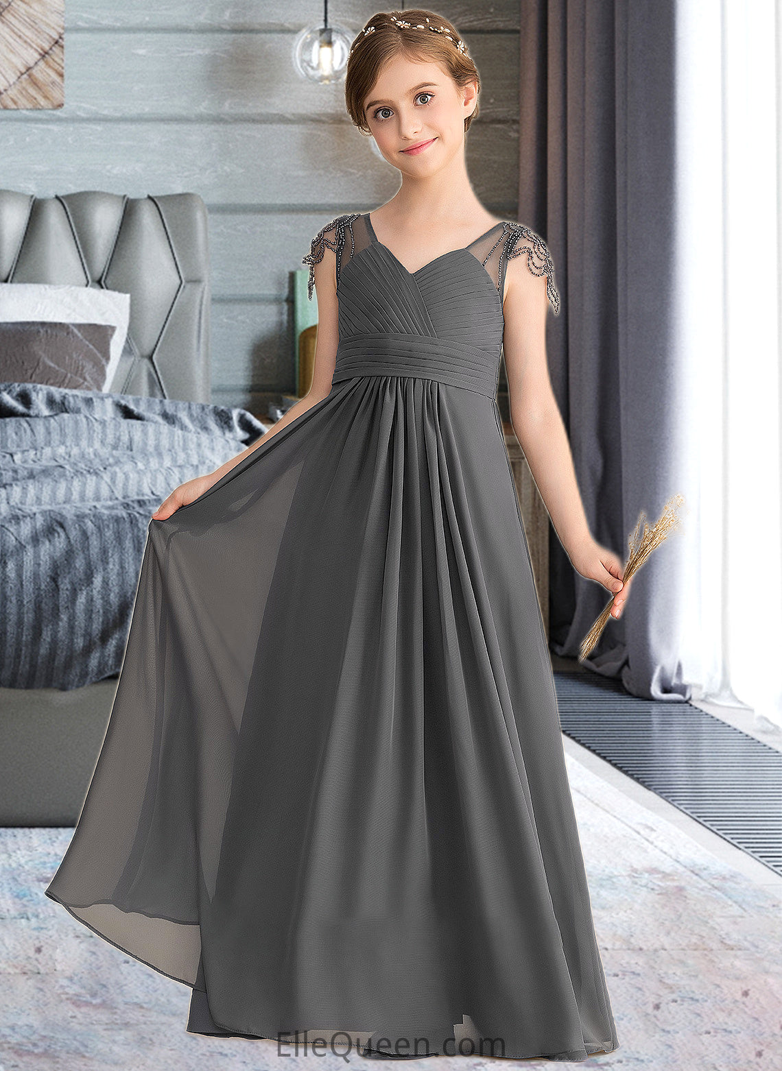 Kaitlynn A-Line V-neck Floor-Length Chiffon Junior Bridesmaid Dress With Ruffle Beading DGP0013653