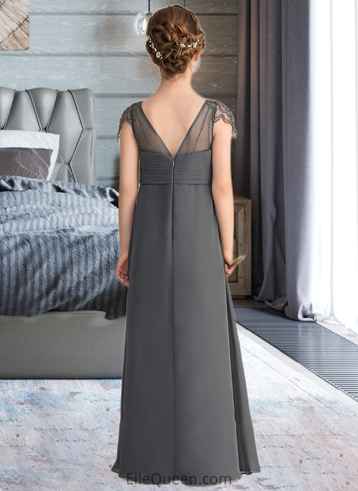 Kaitlynn A-Line V-neck Floor-Length Chiffon Junior Bridesmaid Dress With Ruffle Beading DGP0013653