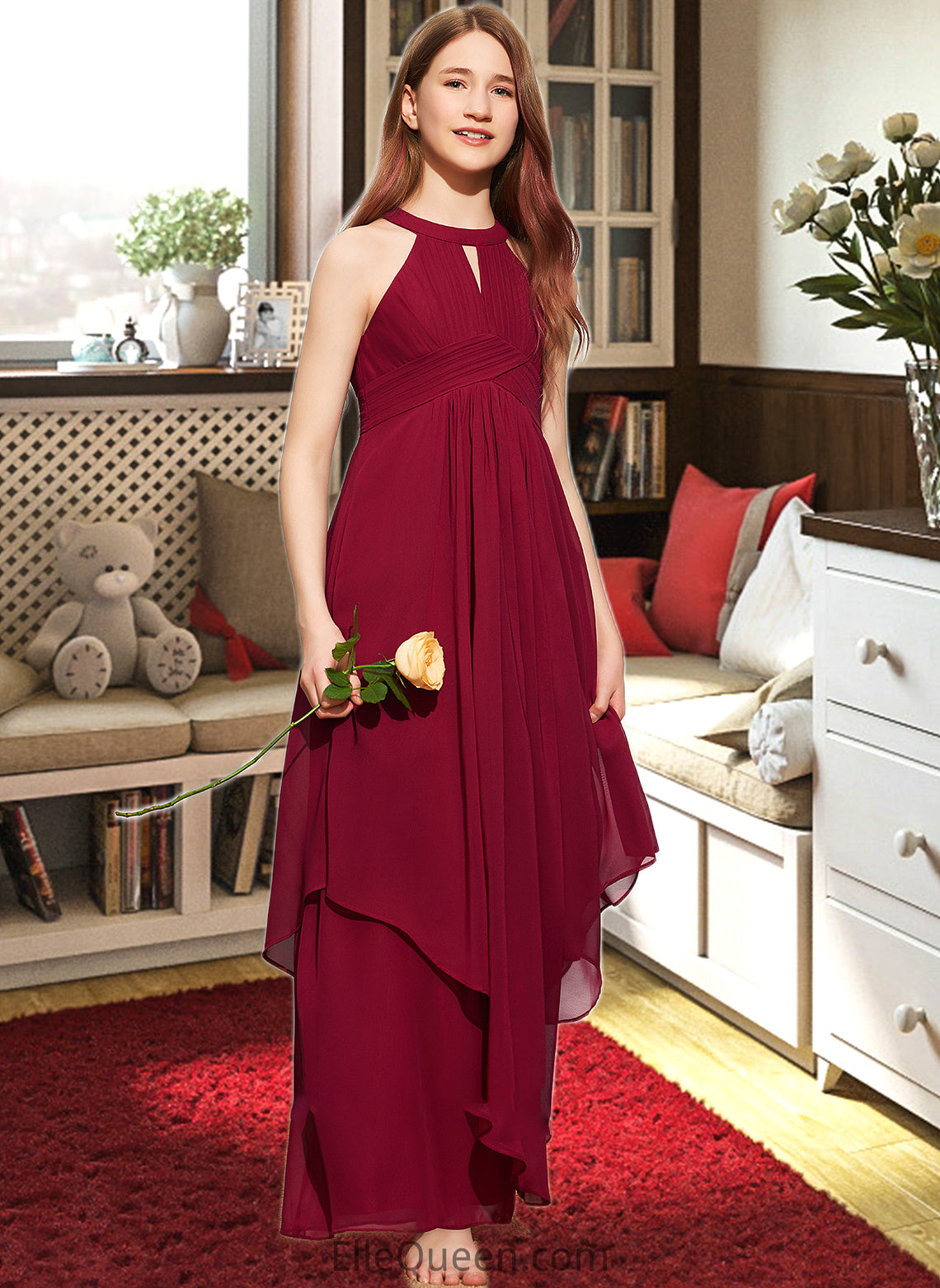 Karly A-Line Scoop Neck Floor-Length Chiffon Junior Bridesmaid Dress With Ruffle DGP0013654