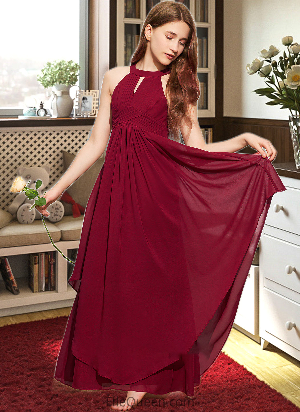 Karly A-Line Scoop Neck Floor-Length Chiffon Junior Bridesmaid Dress With Ruffle DGP0013654