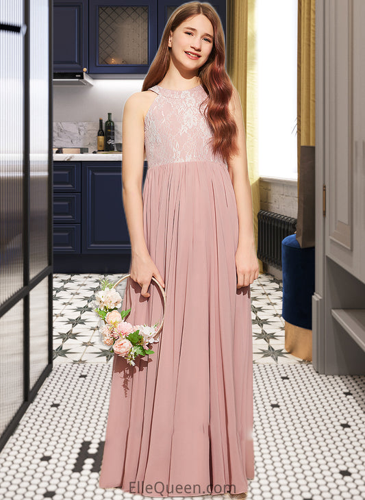 Kira A-Line Scoop Neck Floor-Length Chiffon Lace Junior Bridesmaid Dress With Sequins DGP0013655