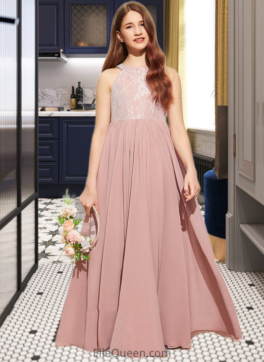 Kira A-Line Scoop Neck Floor-Length Chiffon Lace Junior Bridesmaid Dress With Sequins DGP0013655