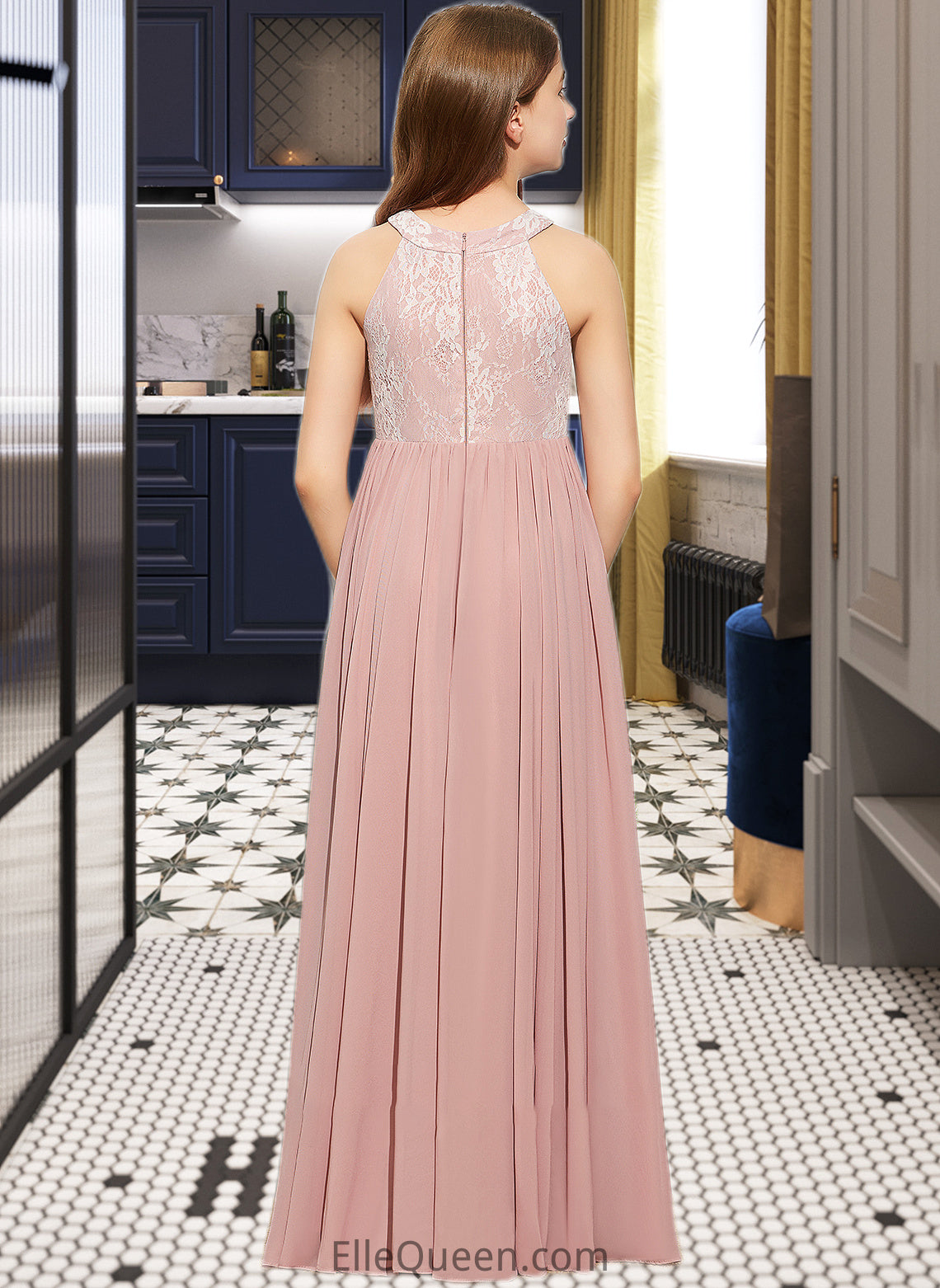 Kira A-Line Scoop Neck Floor-Length Chiffon Lace Junior Bridesmaid Dress With Sequins DGP0013655