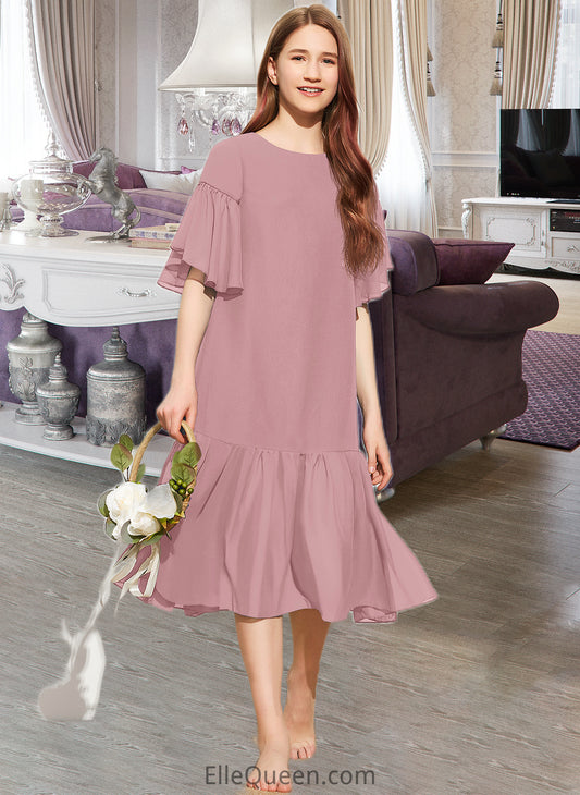 Mavis A-Line Scoop Neck Knee-Length Chiffon Junior Bridesmaid Dress With Cascading Ruffles DGP0013656