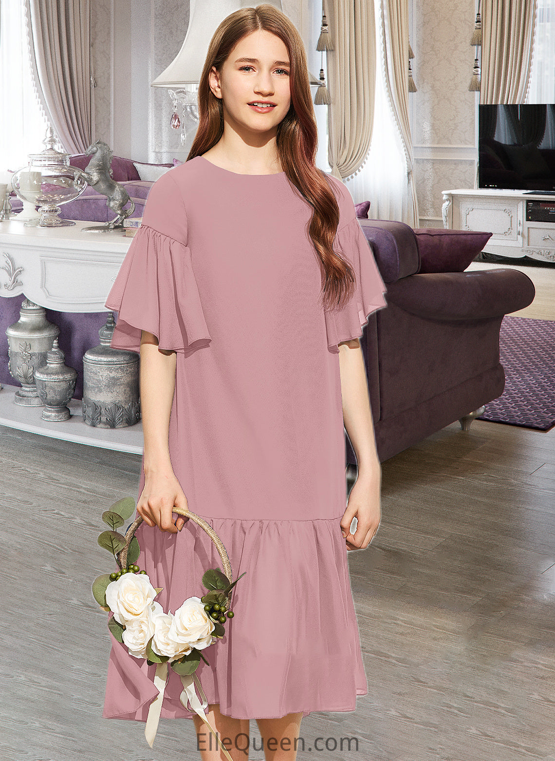 Mavis A-Line Scoop Neck Knee-Length Chiffon Junior Bridesmaid Dress With Cascading Ruffles DGP0013656