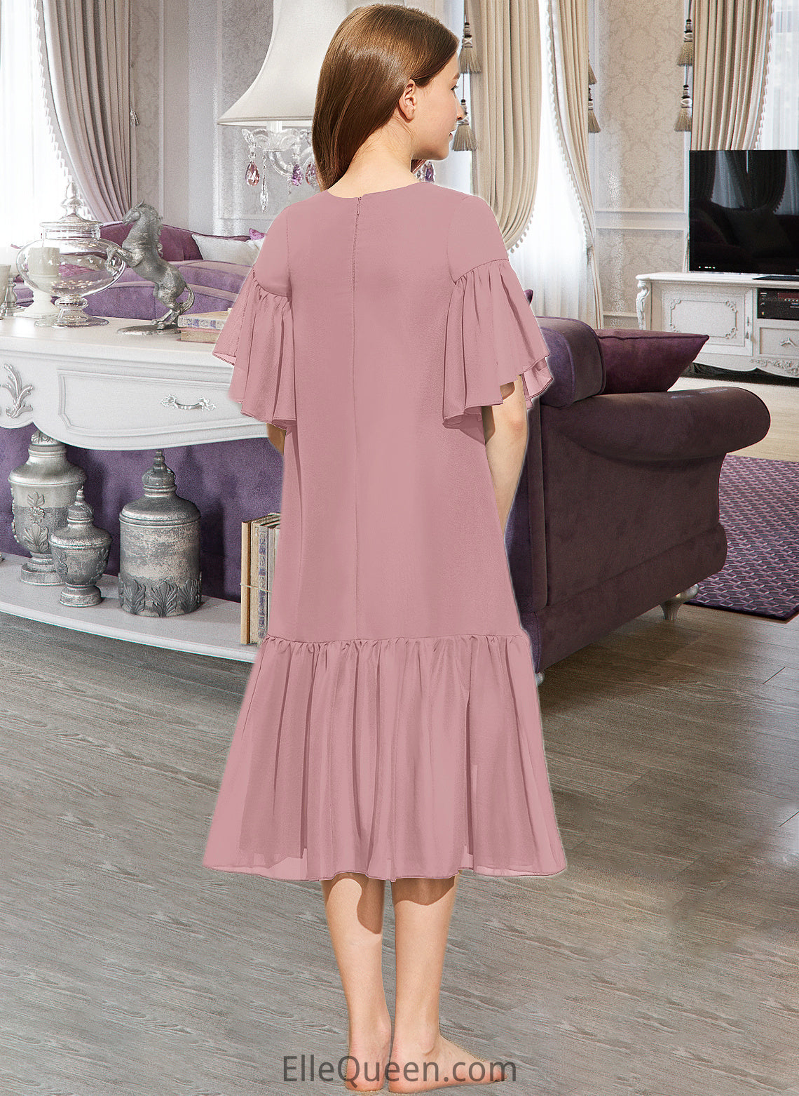 Mavis A-Line Scoop Neck Knee-Length Chiffon Junior Bridesmaid Dress With Cascading Ruffles DGP0013656