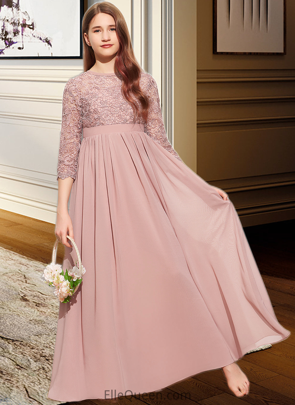 Kimora A-Line Scoop Neck Floor-Length Chiffon Lace Junior Bridesmaid Dress DGP0013657