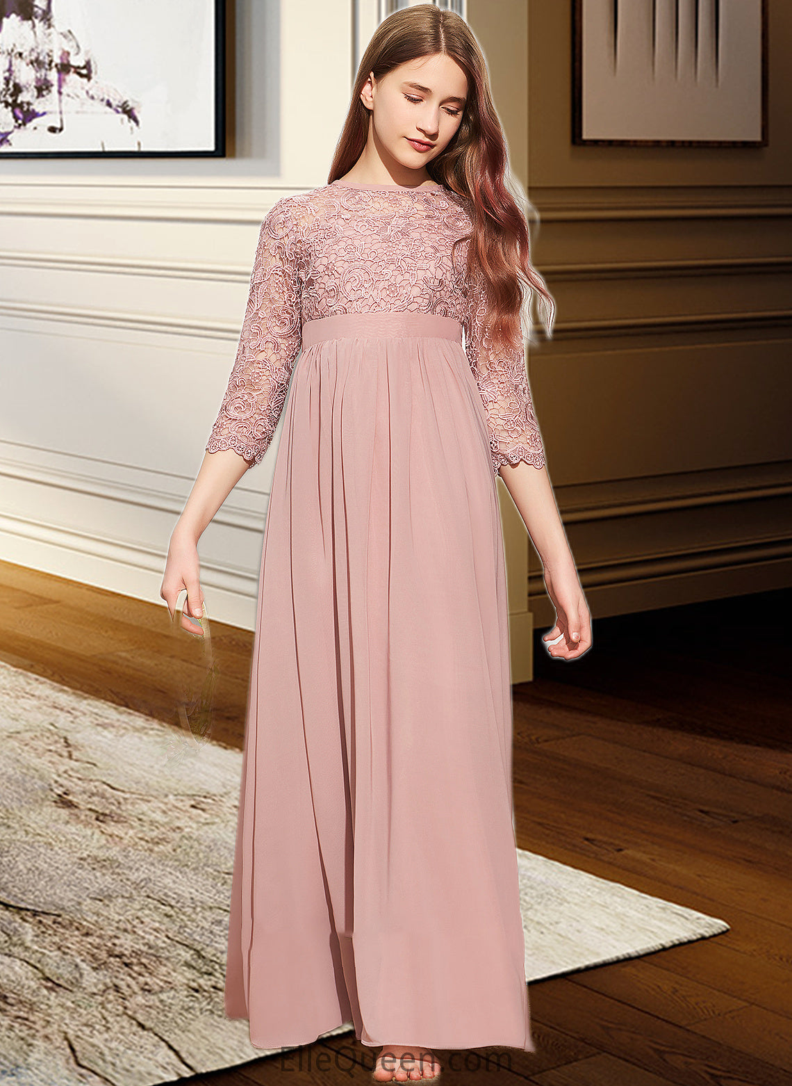 Kimora A-Line Scoop Neck Floor-Length Chiffon Lace Junior Bridesmaid Dress DGP0013657