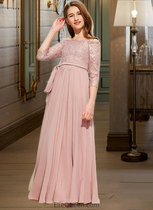 Ginny A-Line Off-the-Shoulder Floor-Length Chiffon Lace Junior Bridesmaid Dress With Bow(s) DGP0013658