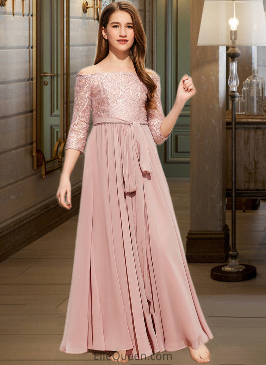 Ginny A-Line Off-the-Shoulder Floor-Length Chiffon Lace Junior Bridesmaid Dress With Bow(s) DGP0013658