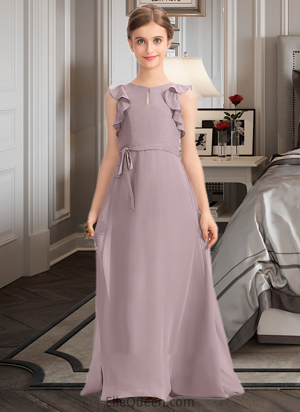 Roselyn A-Line Scoop Neck Floor-Length Chiffon Junior Bridesmaid Dress With Bow(s) Cascading Ruffles DGP0013659