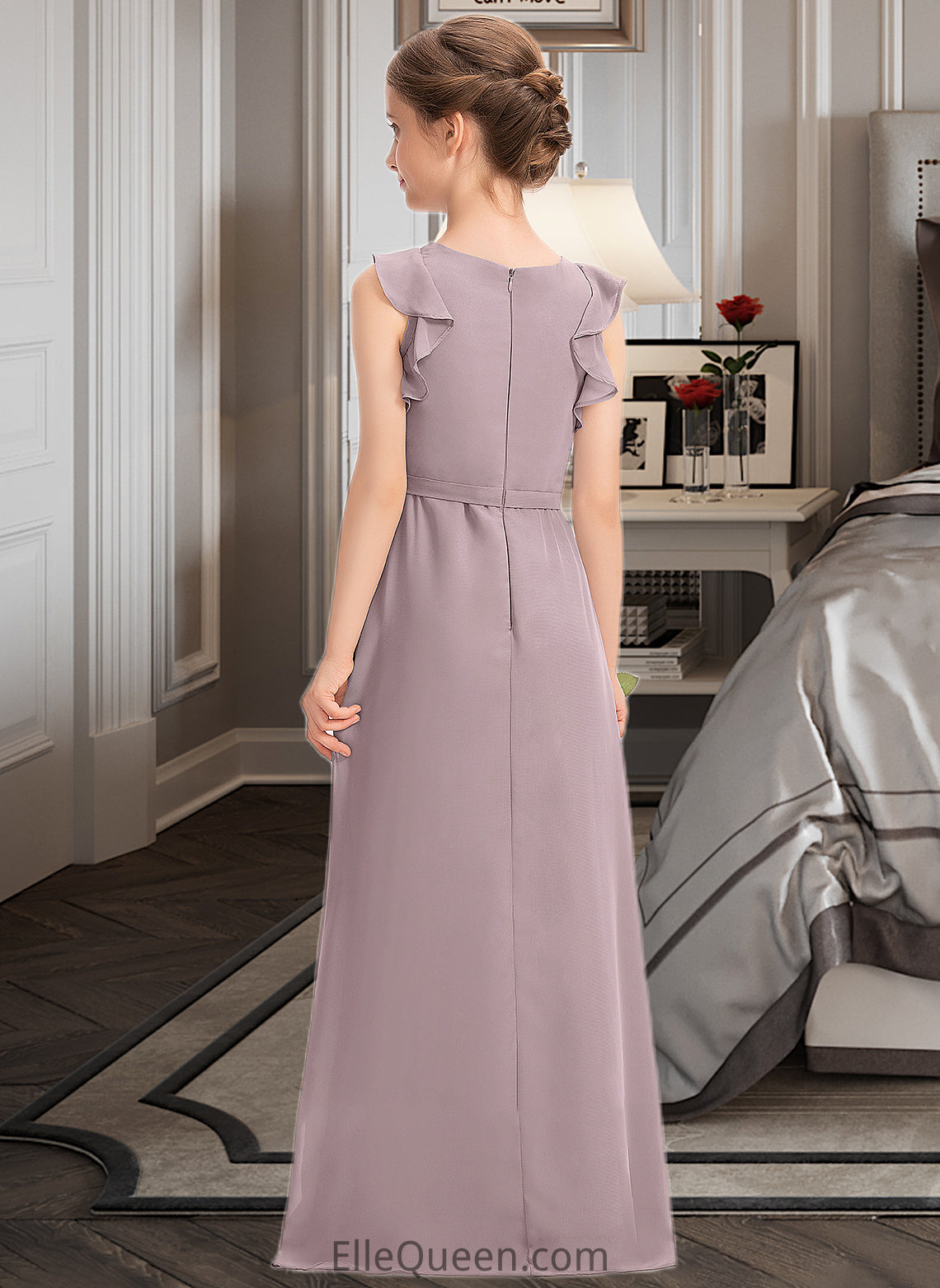 Roselyn A-Line Scoop Neck Floor-Length Chiffon Junior Bridesmaid Dress With Bow(s) Cascading Ruffles DGP0013659