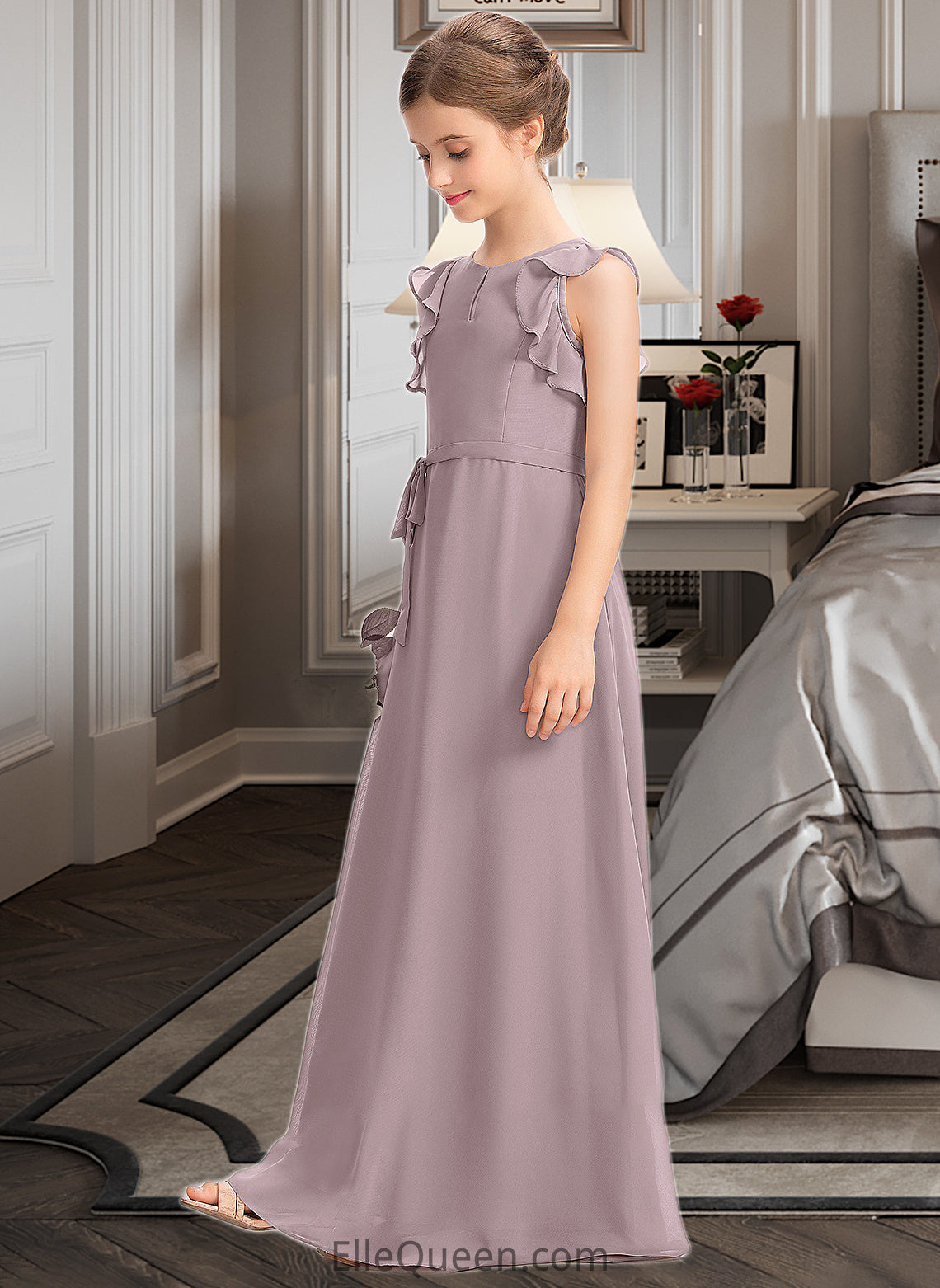 Roselyn A-Line Scoop Neck Floor-Length Chiffon Junior Bridesmaid Dress With Bow(s) Cascading Ruffles DGP0013659