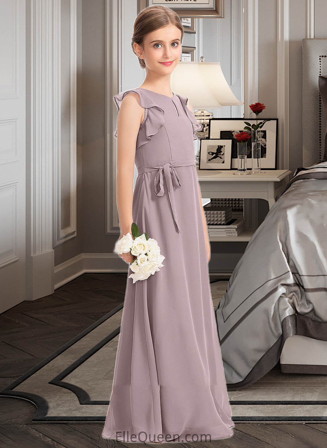 Roselyn A-Line Scoop Neck Floor-Length Chiffon Junior Bridesmaid Dress With Bow(s) Cascading Ruffles DGP0013659