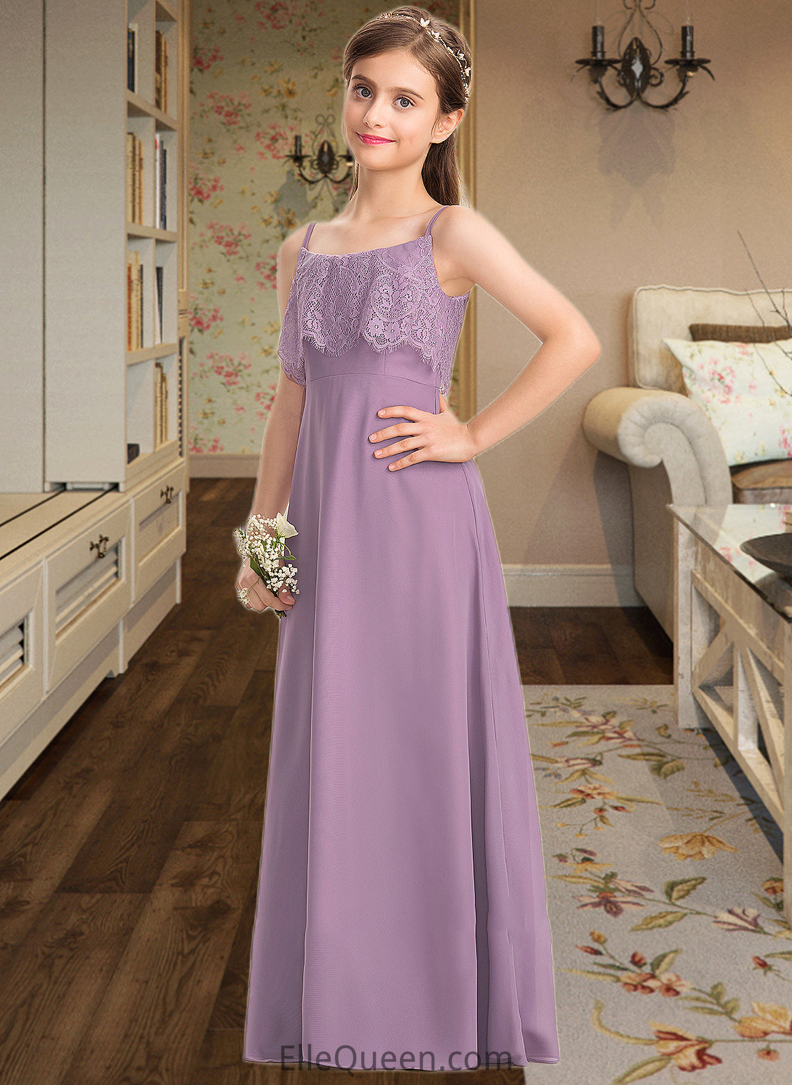 Melody A-Line Square Neckline Floor-Length Chiffon Lace Junior Bridesmaid Dress DGP0013660