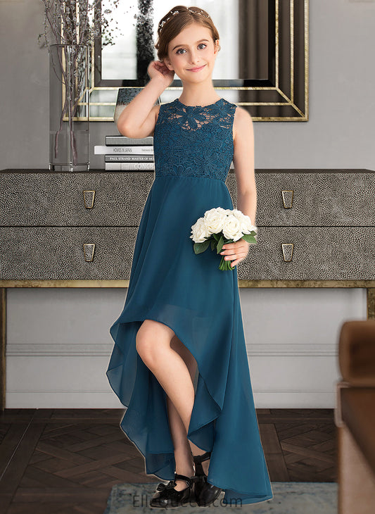 Mckenzie A-Line Scoop Neck Asymmetrical Chiffon Lace Junior Bridesmaid Dress DGP0013661