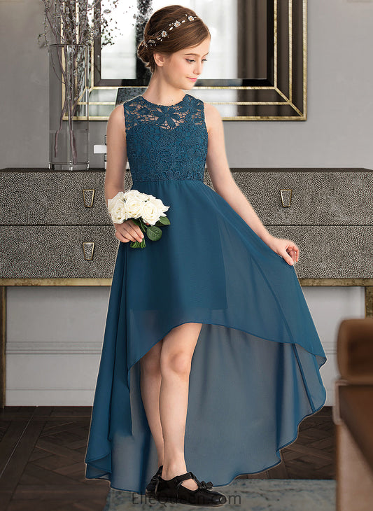 Mckenzie A-Line Scoop Neck Asymmetrical Chiffon Lace Junior Bridesmaid Dress DGP0013661