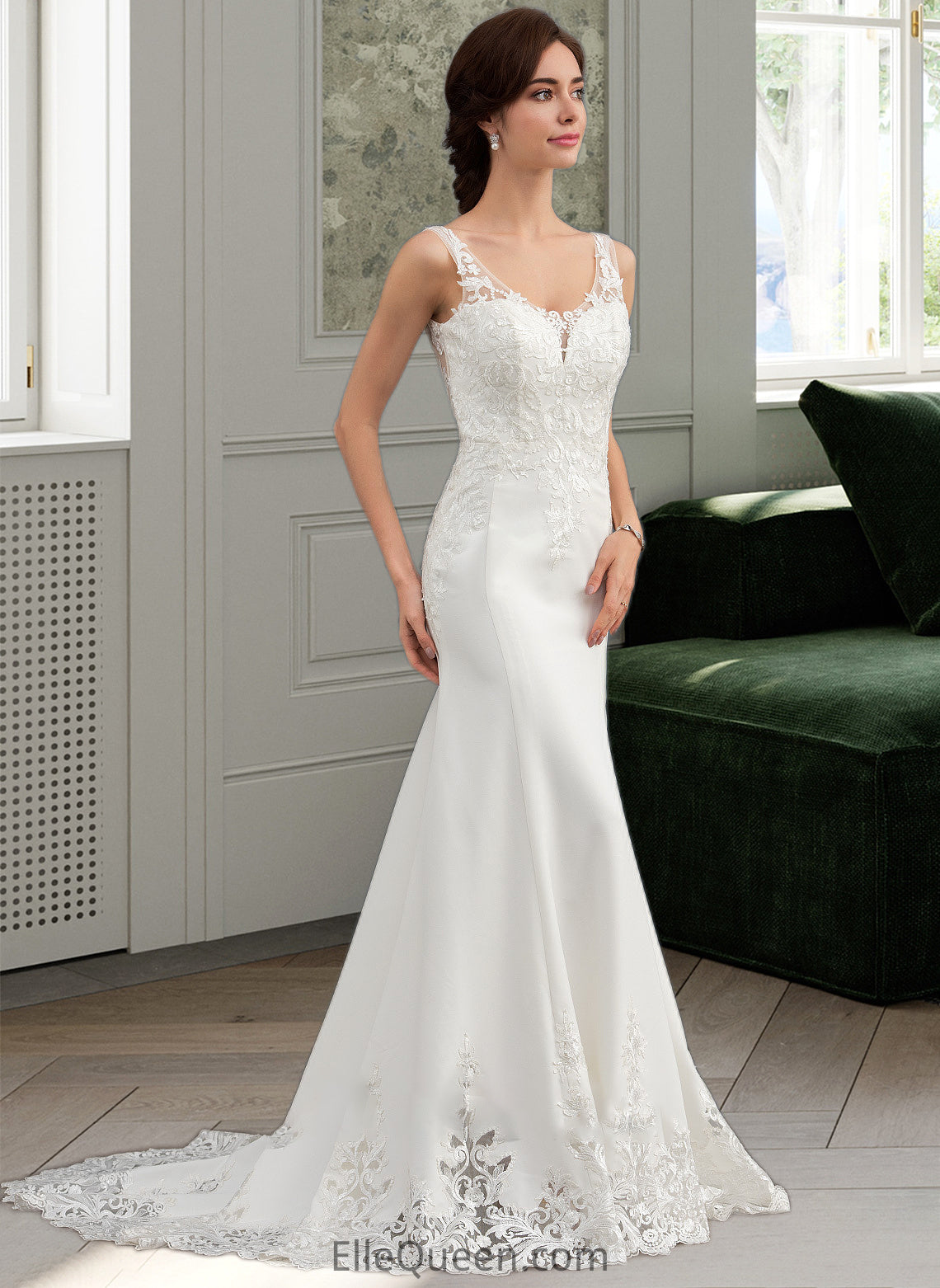 Suzanne Trumpet/Mermaid V-neck Court Train Lace Stretch Crepe Wedding Dress With Sequins DGP0013738