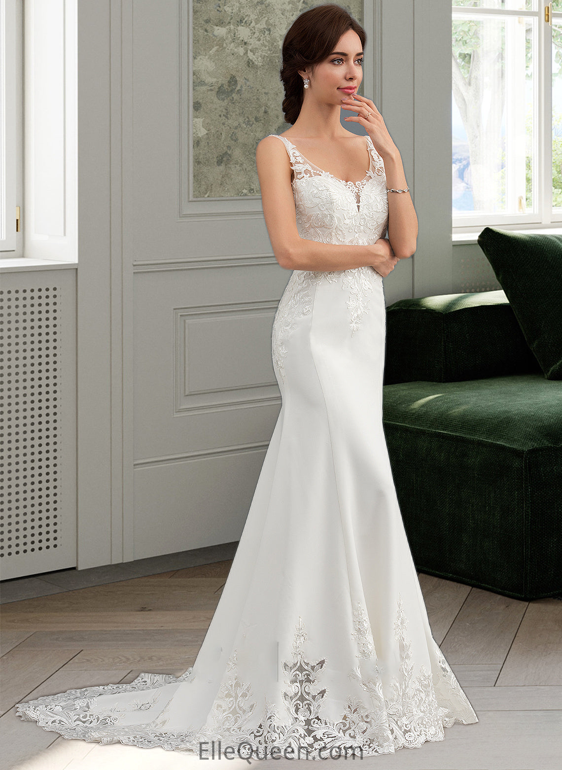 Suzanne Trumpet/Mermaid V-neck Court Train Lace Stretch Crepe Wedding Dress With Sequins DGP0013738