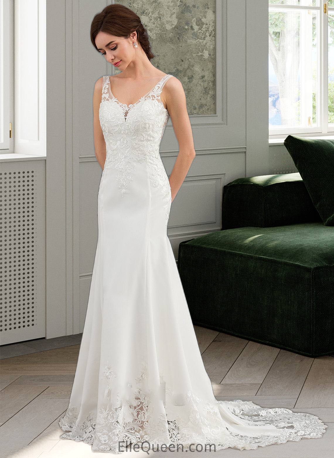 Suzanne Trumpet/Mermaid V-neck Court Train Lace Stretch Crepe Wedding Dress With Sequins DGP0013738